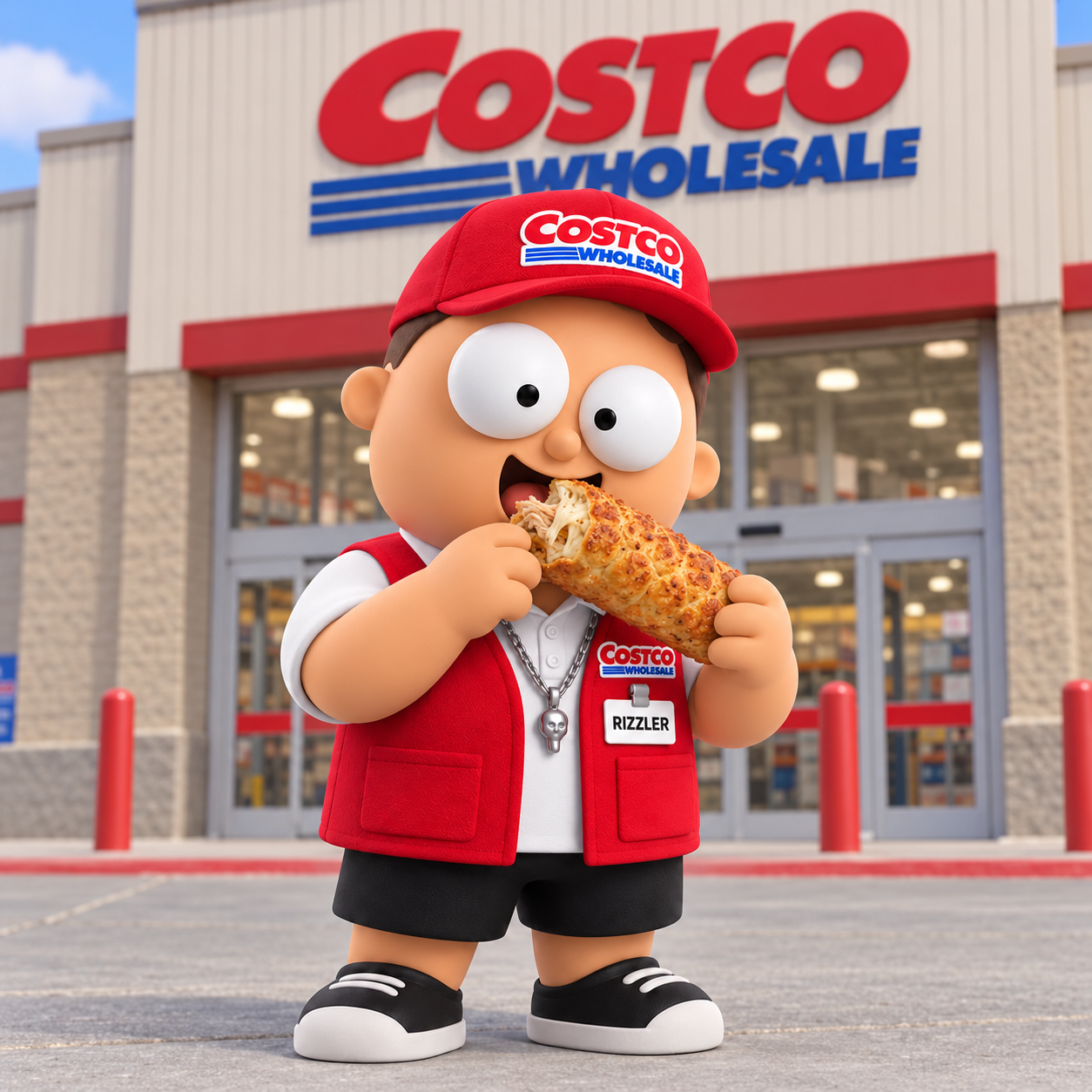 The Rizzler biting into a cheesy chicken bake outside a Costco Wholesale store