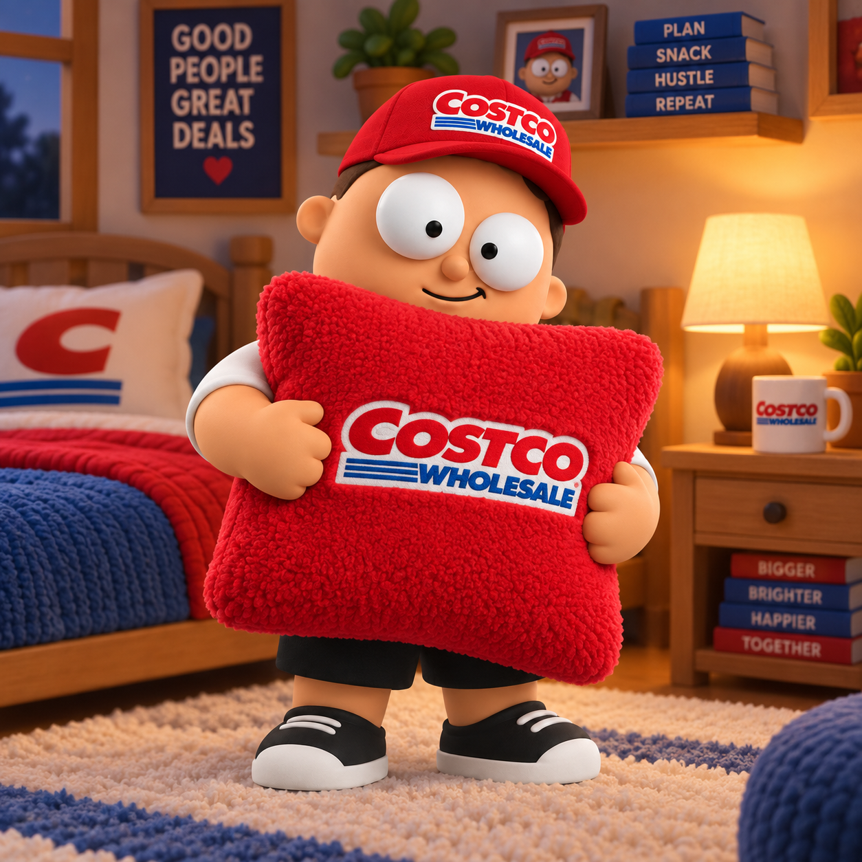 The Rizzler, a clay-toy Costco character, hugging a big fluffy red Costco pillow in a cozy bedroom